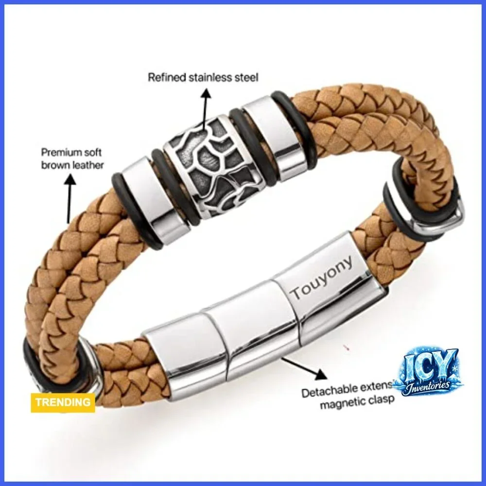 Leather Braided Bracelet with Stainless Steel Magnetic Clasp